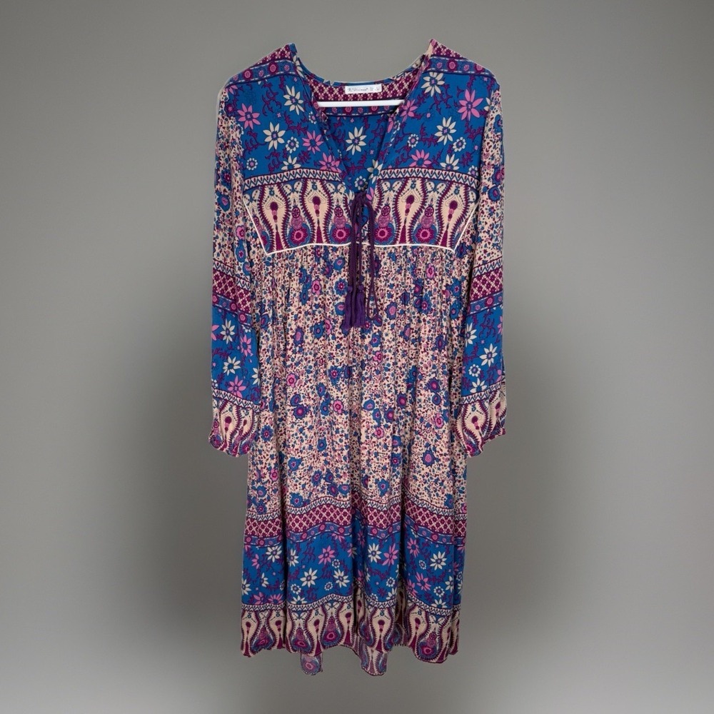 R. Vivimos Dress Women's Sz Small V‑Neck Midi Maxi Floral Boho Festival Hippy